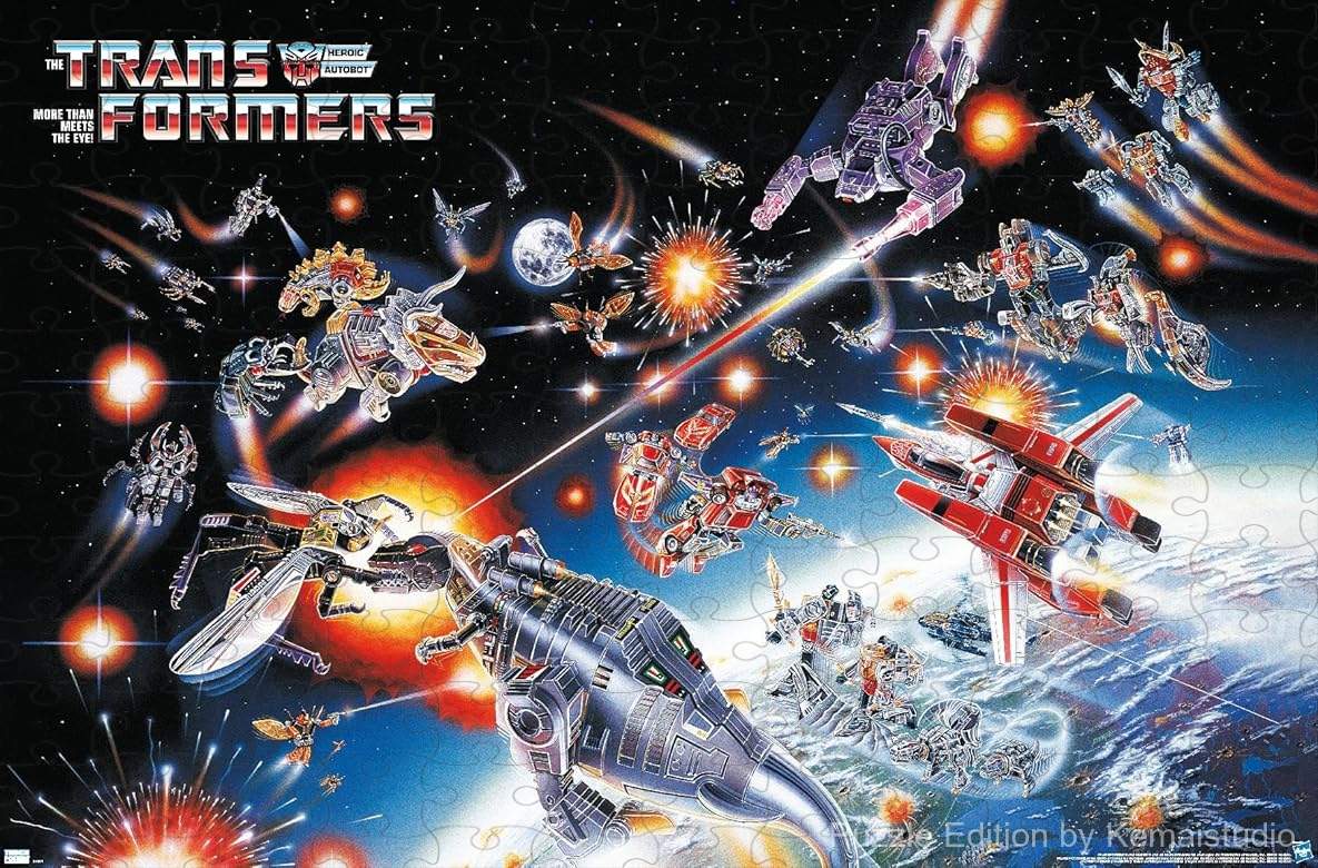 1000-piece wooden jigsaw puzzle featuring key art from Transformers 1985.