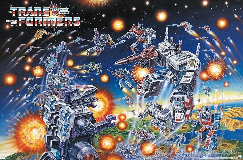 The classic 1986 Transformers key art with Optimus Prime and Megatron