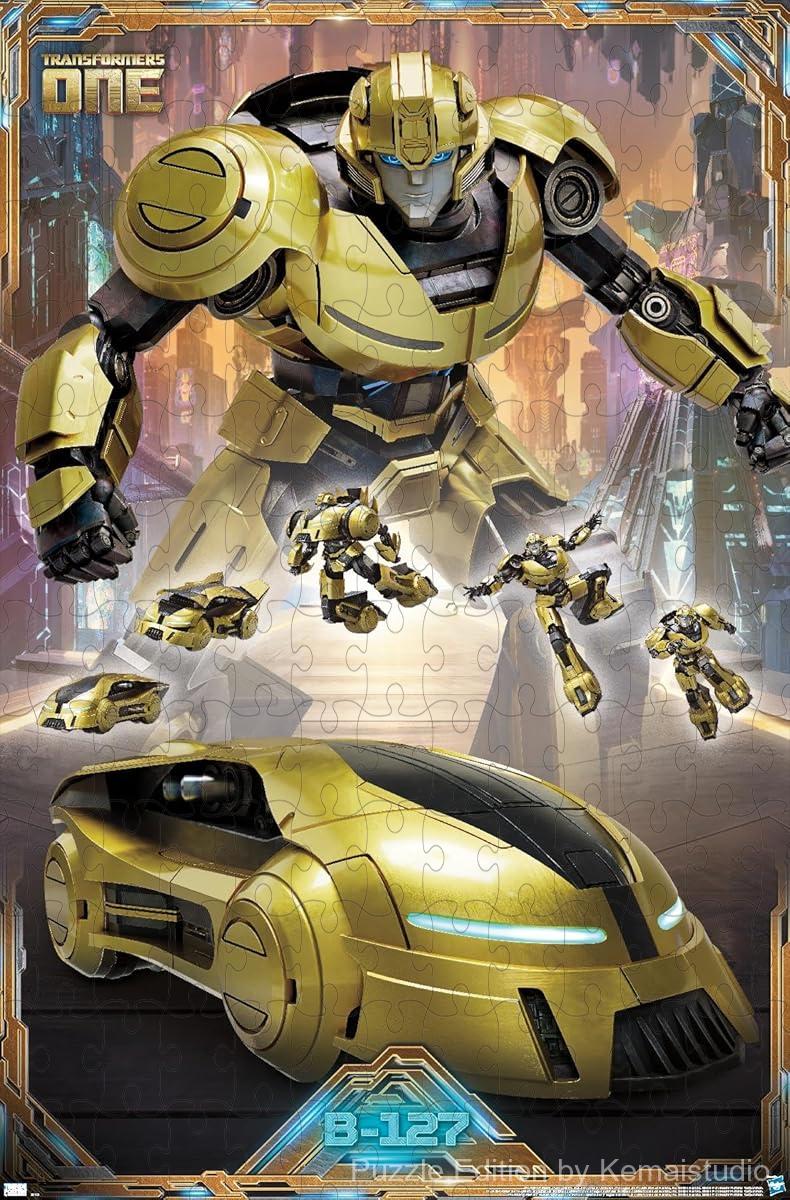 1000-piece wooden jigsaw puzzle featuring B-127 / Bumblebee from Transformers: One.