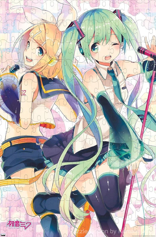 A vivid anime-themed puzzle featuring a dynamic duo of Hatsune Miku, perfect for music lovers and wall art