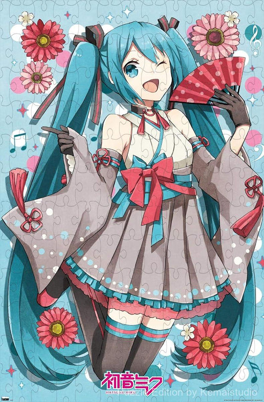 A stylish design of Hatsune Miku with a fan motif, blending movement and music themes