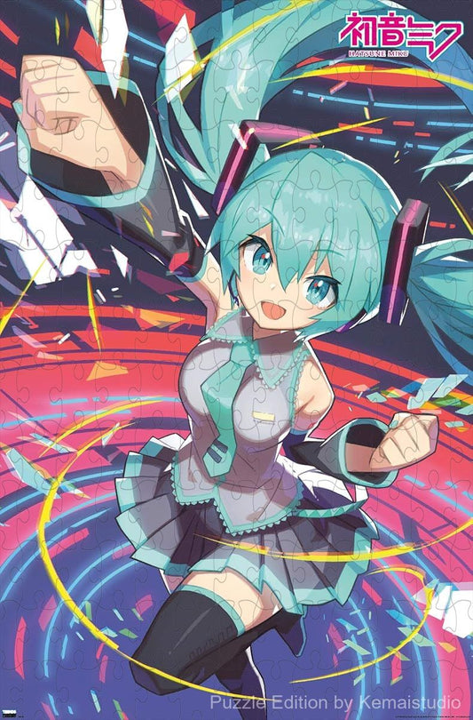 An action-packed visual of Hatsune Miku throwing a bold pose with clenched fist