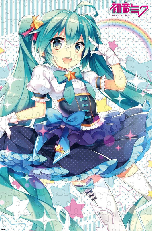 A playful and stylish anime image of Hatsune Miku showcasing her flowing skirt design