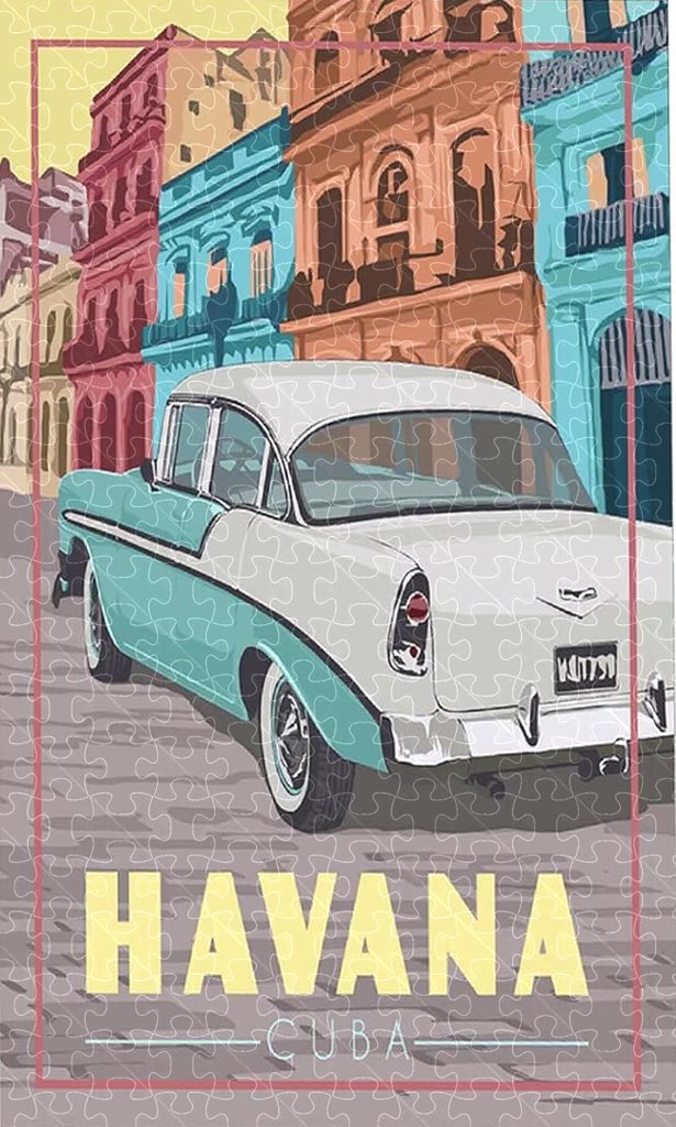 Havana Cuba vintage travel poster jigsaw puzzle for adults, 1000-piece wooden puzzle featuring Cuba's vibrant landscape.