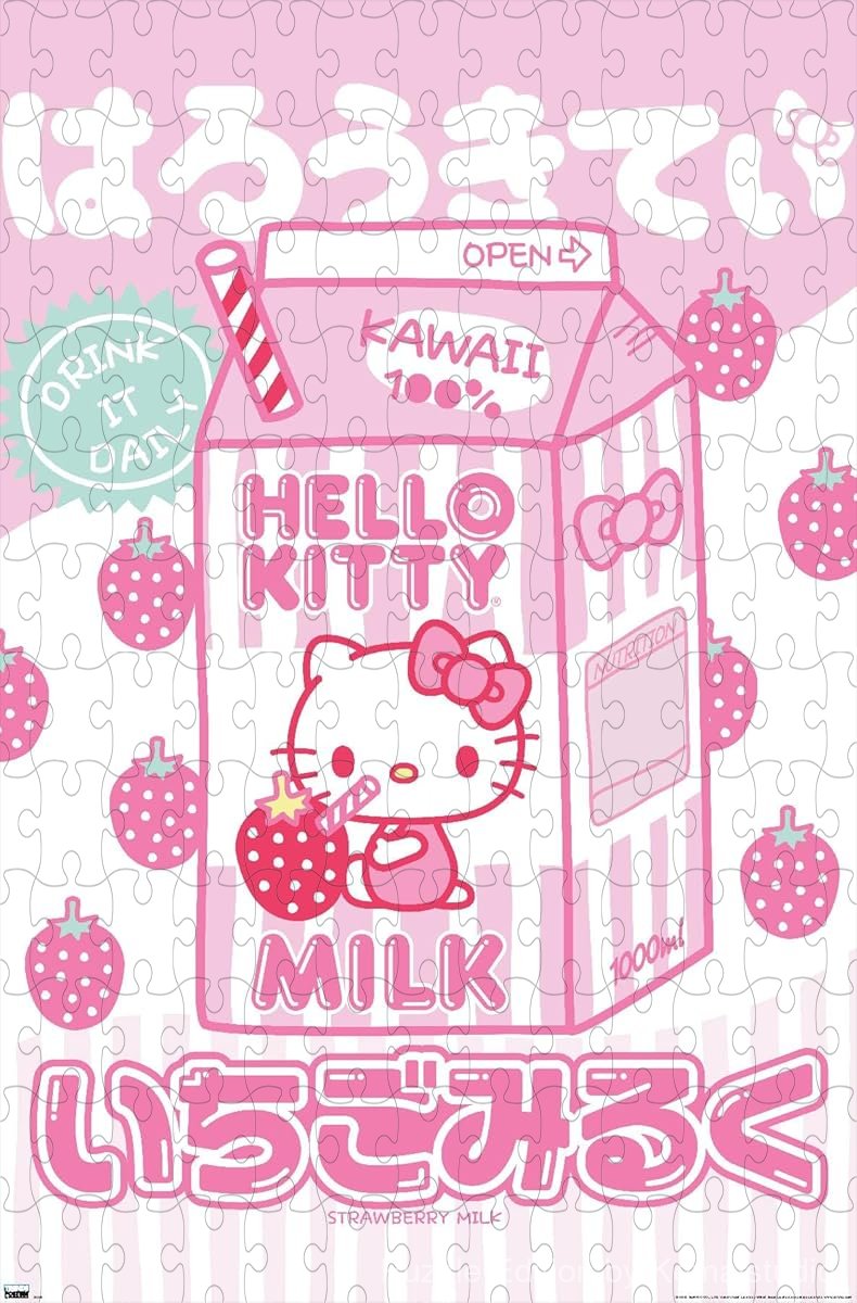 Wooden puzzle featuring Hello Kitty and friends in a kawaii milk-themed design, perfect for Hello Kitty fans