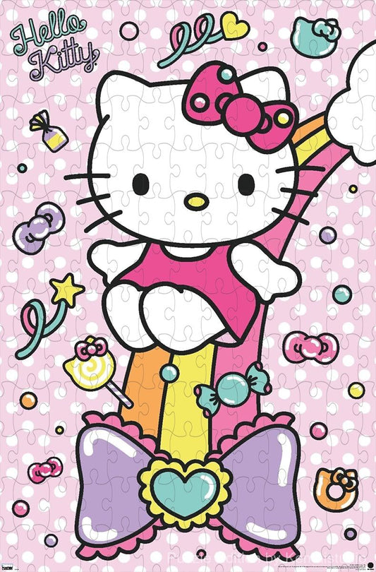 Wooden puzzle featuring Hello Kitty in a fun, sugary sweet theme, with vibrant colors and playful elements