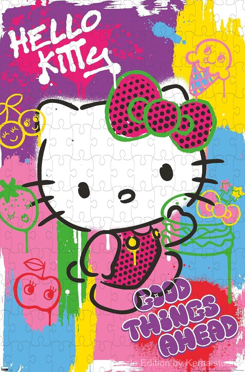 Wooden puzzle featuring Hello Kitty in a pop art style, offering a fun and colorful challenge