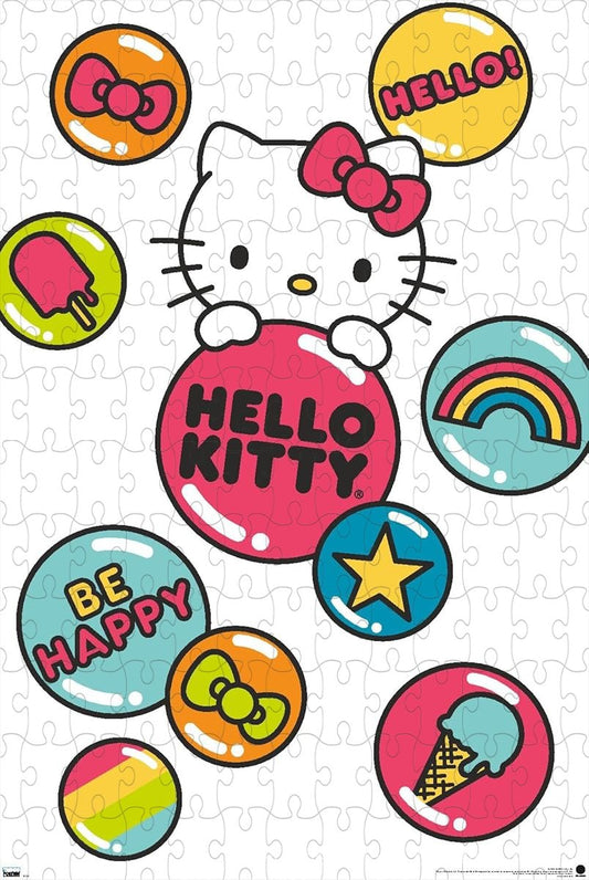 Wooden puzzle featuring Hello Kitty with cute buttons, in a playful and charming style