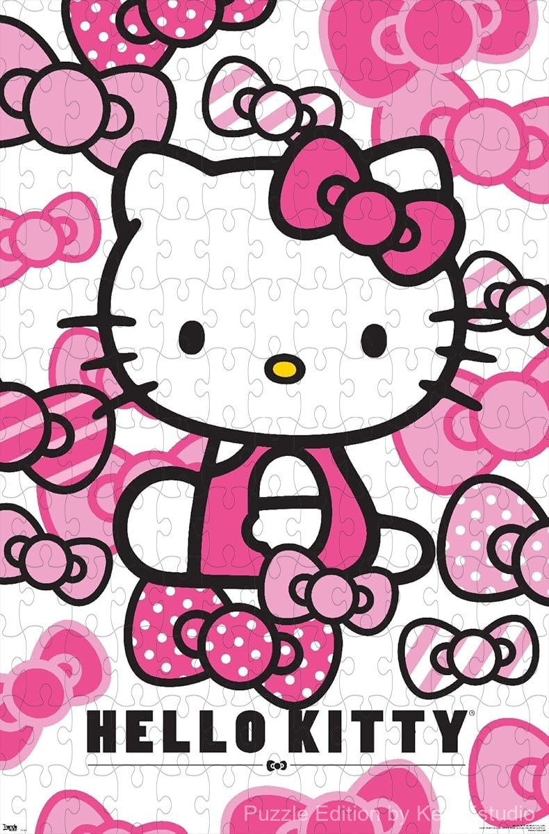 Cute Hello Kitty Bows design on a 300-piece wooden puzzle, ideal for both kids and adults.