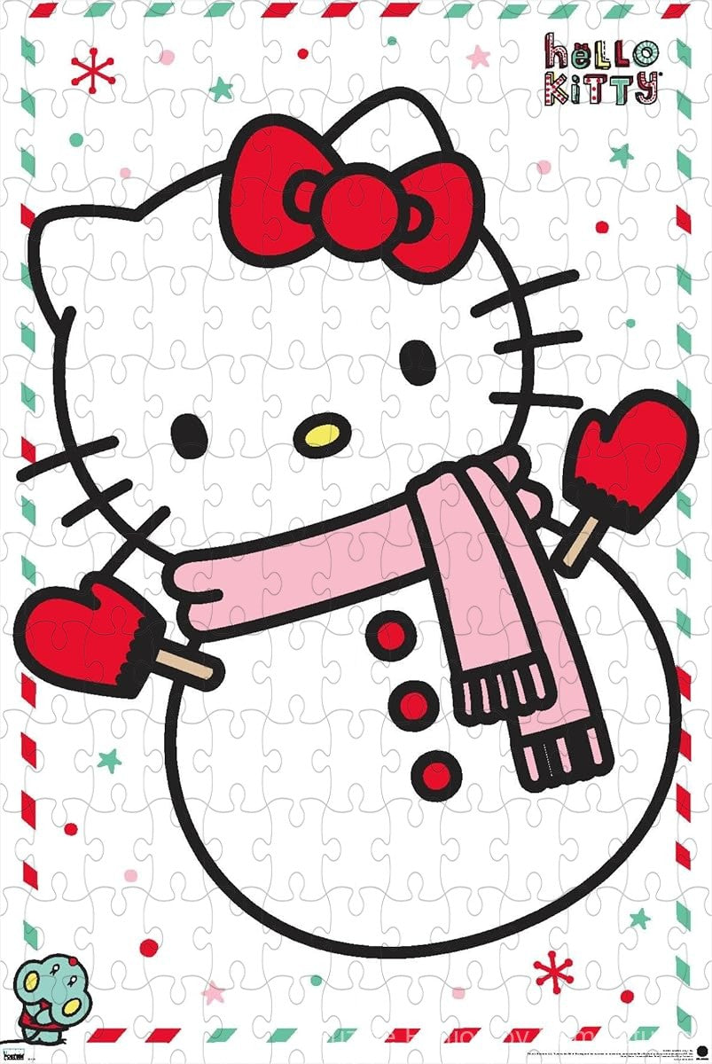 Wooden puzzle featuring Hello Kitty building a snowman in a winter wonderland, with playful and cozy visuals