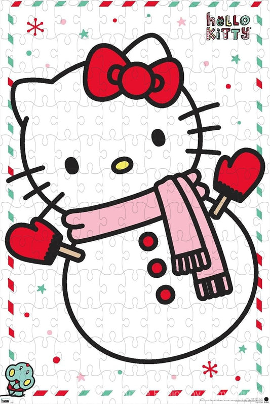 Wooden puzzle featuring Hello Kitty building a snowman in a winter wonderland, with playful and cozy visuals