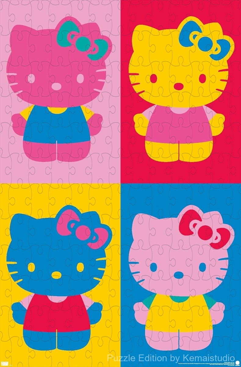 Wooden puzzle featuring a collage of Hello Kitty's iconic moments, vibrant and cheerful