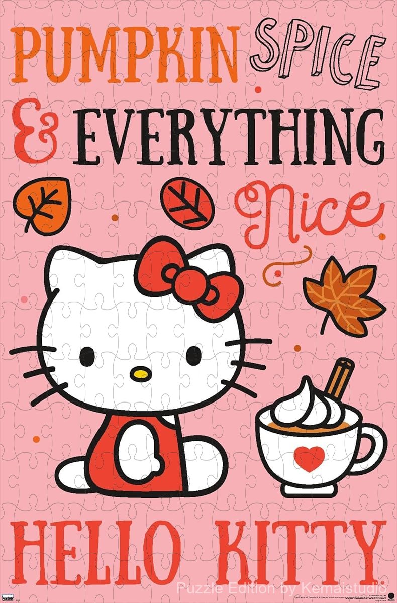 Wooden puzzle featuring Hello Kitty in a cute autumn theme, perfect for pumpkin spice lovers