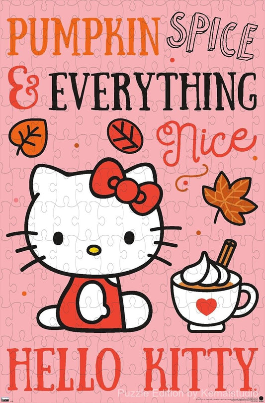 Wooden puzzle featuring Hello Kitty in a cute autumn theme, perfect for pumpkin spice lovers