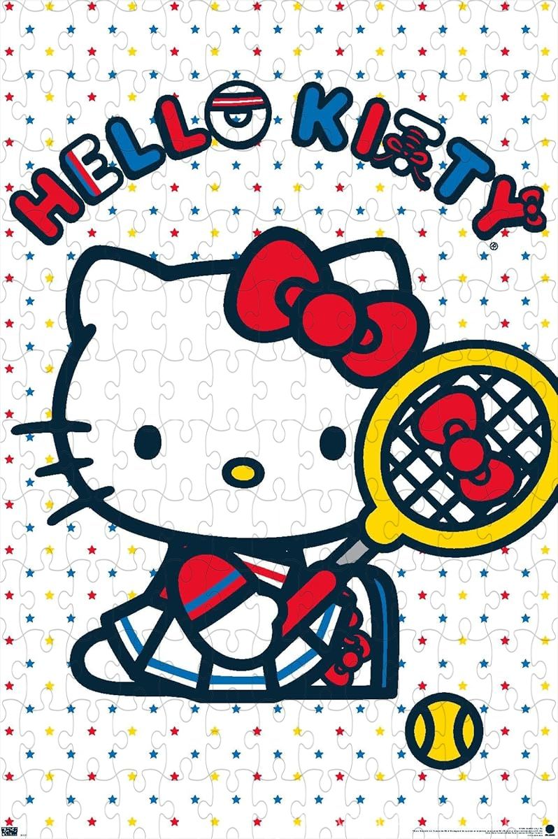 Wooden puzzle featuring Hello Kitty playing tennis, with a playful and sporty theme