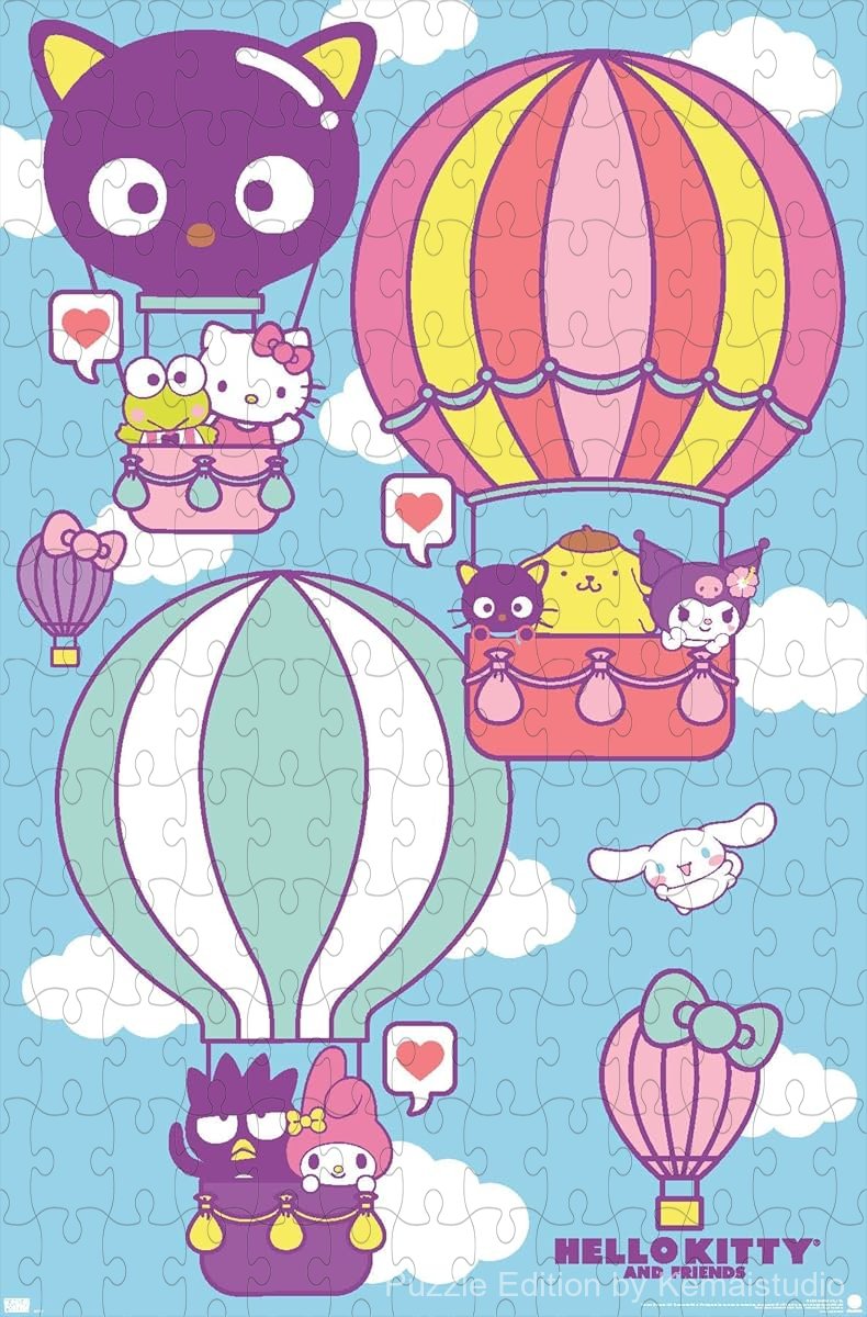 Wooden puzzle featuring Hello Kitty and friends in hot air balloons, with a cheerful adventure theme