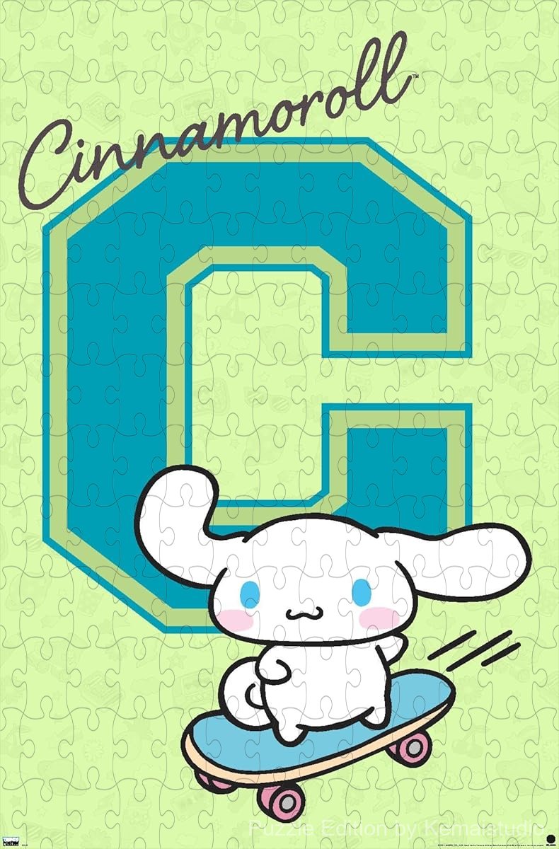 Cinnamoroll in a college-themed puzzle design with Hello Kitty's friends