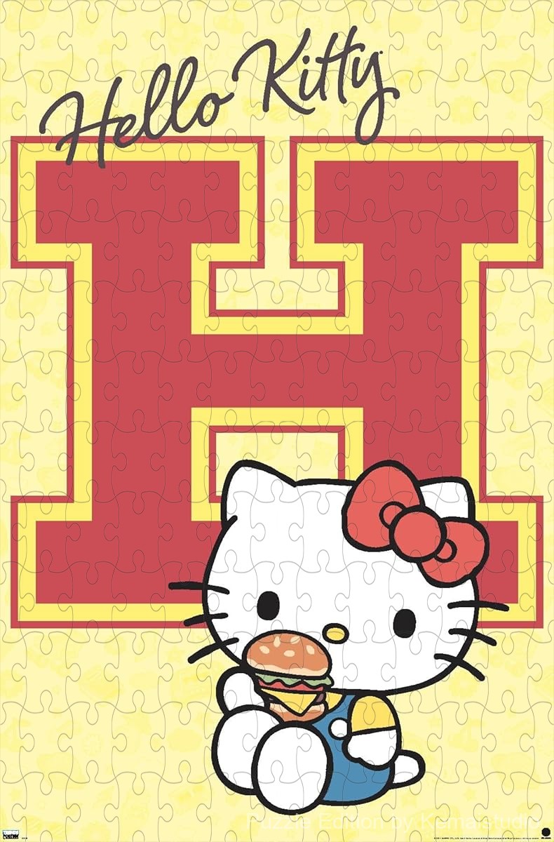 Wooden puzzle featuring Hello Kitty in a retro college letter style, with a fun and youthful vibe