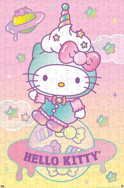Wooden puzzle featuring Hello Kitty in a dreamy, whimsical scene, full of colors