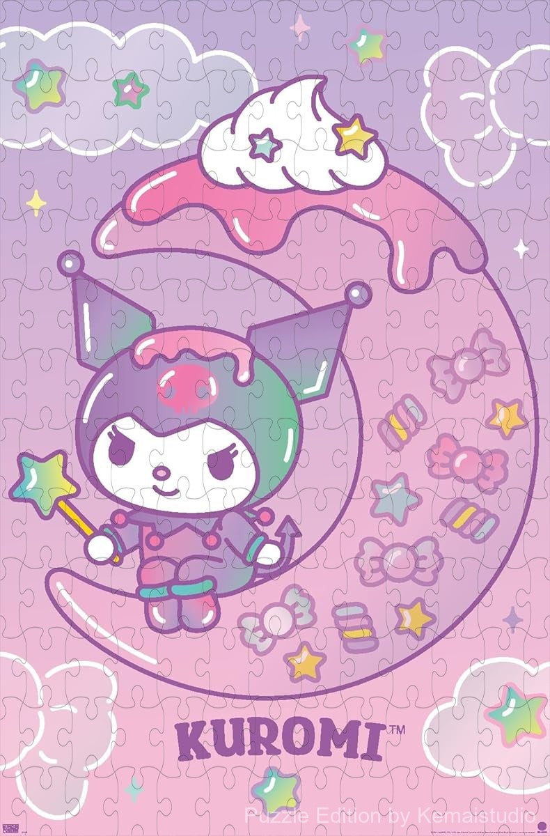 Scene of Kuromi and Hello Kitty drifting through a starry dreamland in soft colors