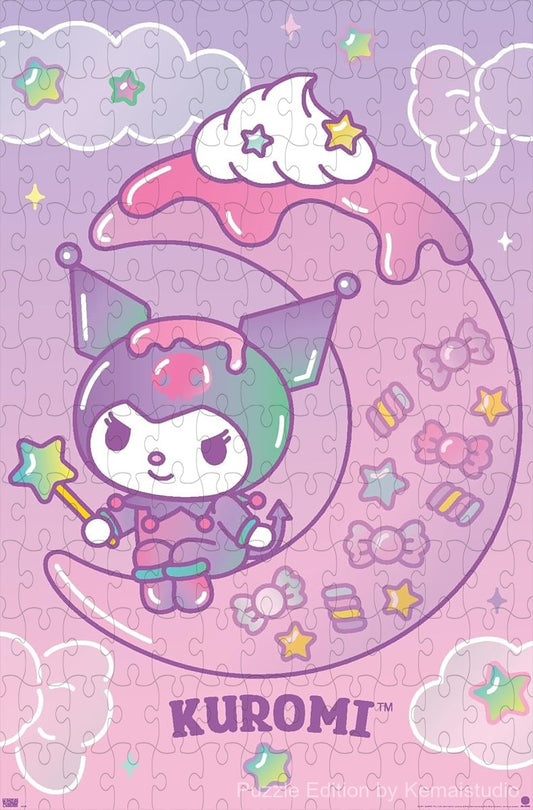 Scene of Kuromi and Hello Kitty drifting through a starry dreamland in soft colors