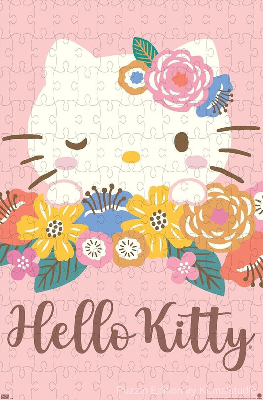 Wooden puzzle featuring Hello Kitty surrounded by flowers, with a cute and colorful theme