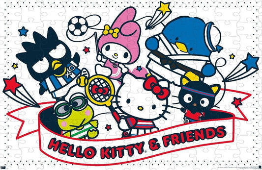 Wooden puzzle featuring Hello Kitty and friends in various sports activities, promoting teamwork