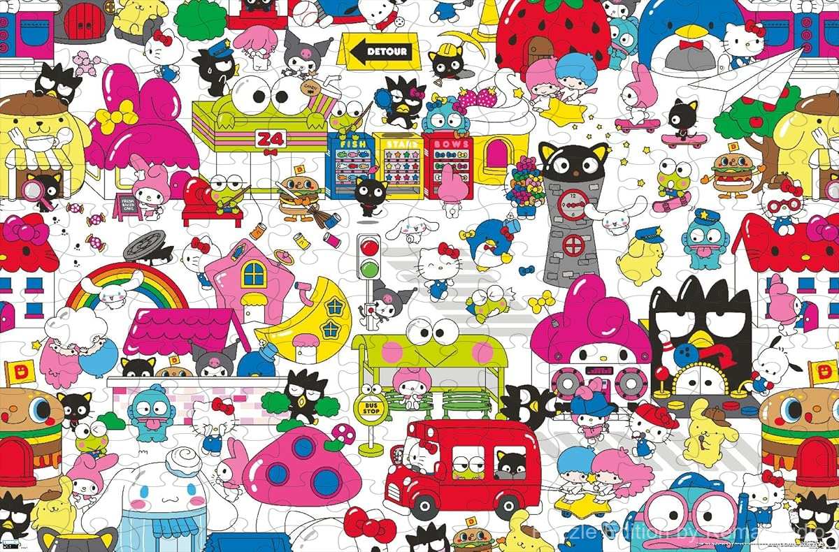 Wooden puzzle featuring Hello Kitty and friends in a heartwarming family portrait