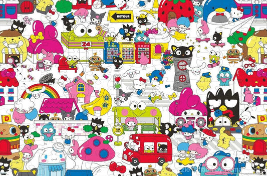 Wooden puzzle featuring Hello Kitty and friends in a heartwarming family portrait