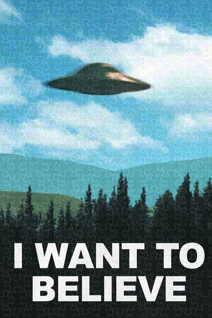 Adult jigsaw puzzle with I Want To Believe UFO artwork alien retro poster  