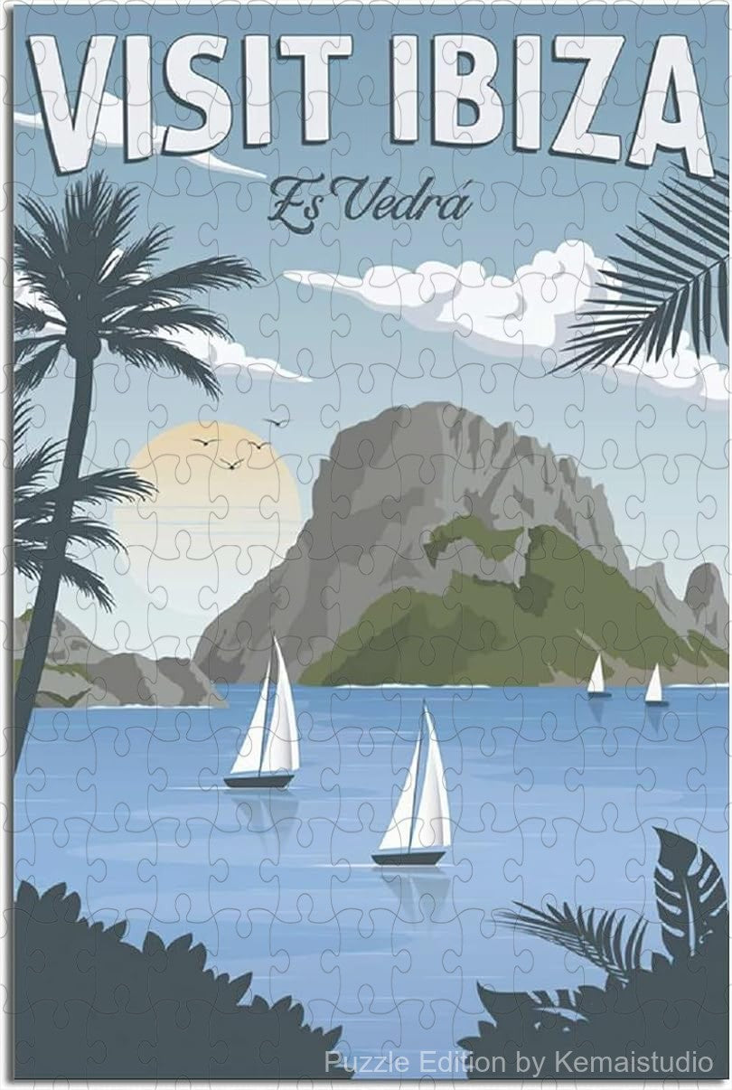 Retro Ibiza poster puzzle featuring coastal scenes in vintage style