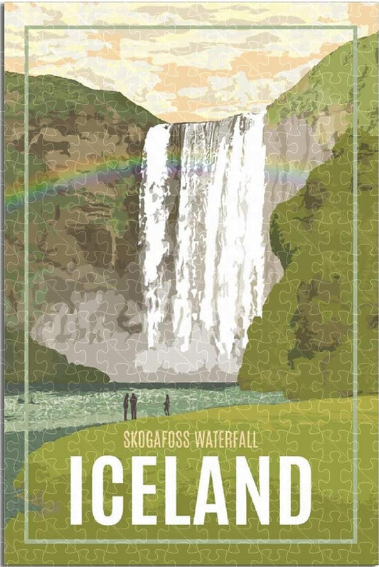 Iceland Skogafoss Waterfall vintage travel poster jigsaw puzzle for adults, 1000-piece wooden puzzle featuring the stunning Skogafoss waterfall in Iceland.