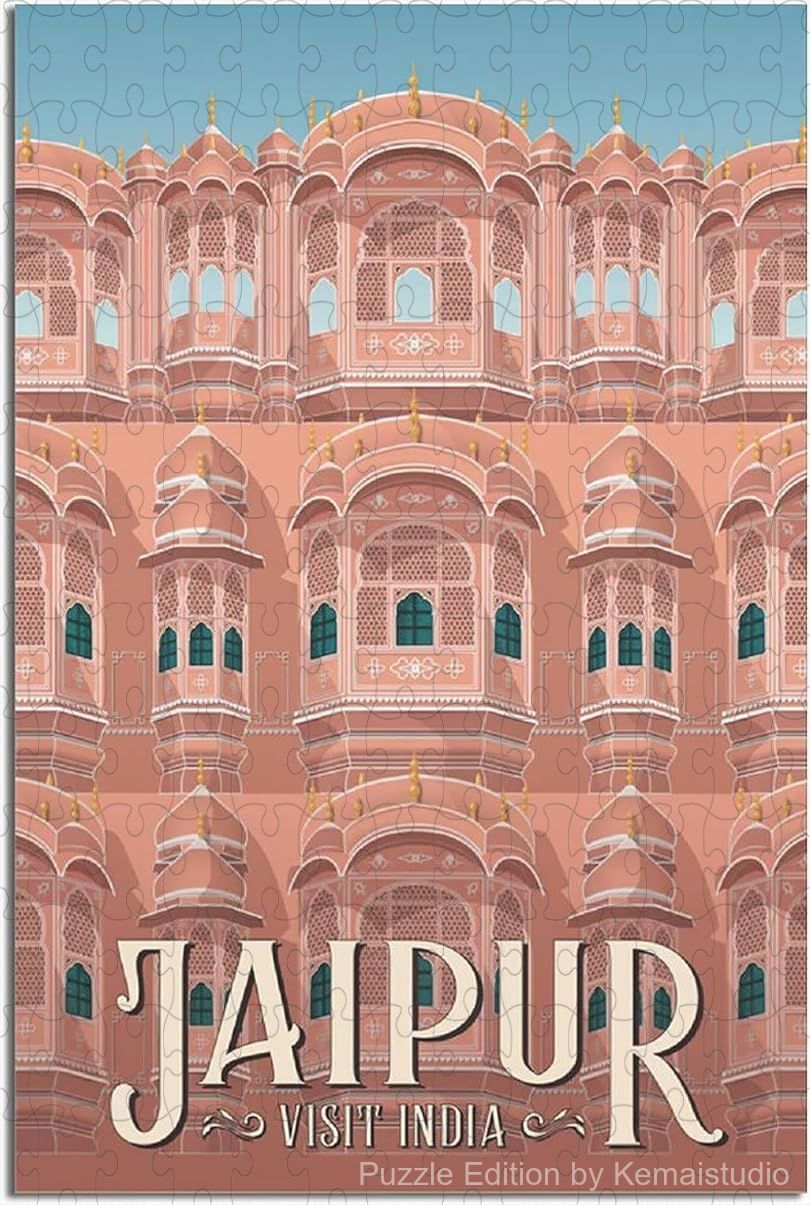Jaipur cityscape puzzle in India's royal vintage travel art style