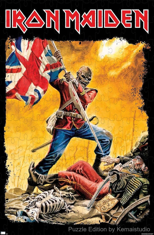 A dark and intense puzzle featuring the Piece Of Mind flag imagery from Iron Maiden