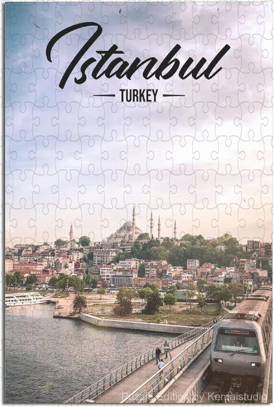 Wooden puzzle featuring the iconic Istanbul skyline, full of rich colors and intricate details
