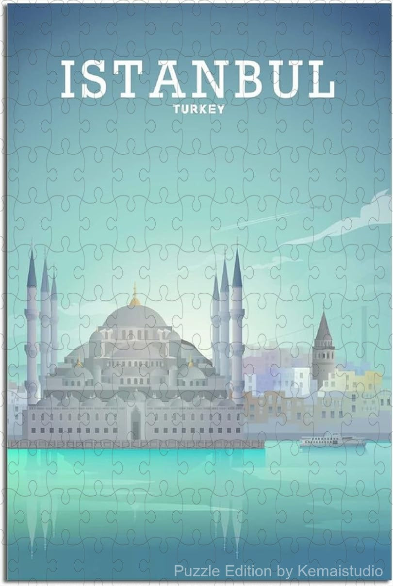 Explore Istanbul's historic skyline with this vintage travel poster puzzle, a relaxing wooden jigsaw for adults