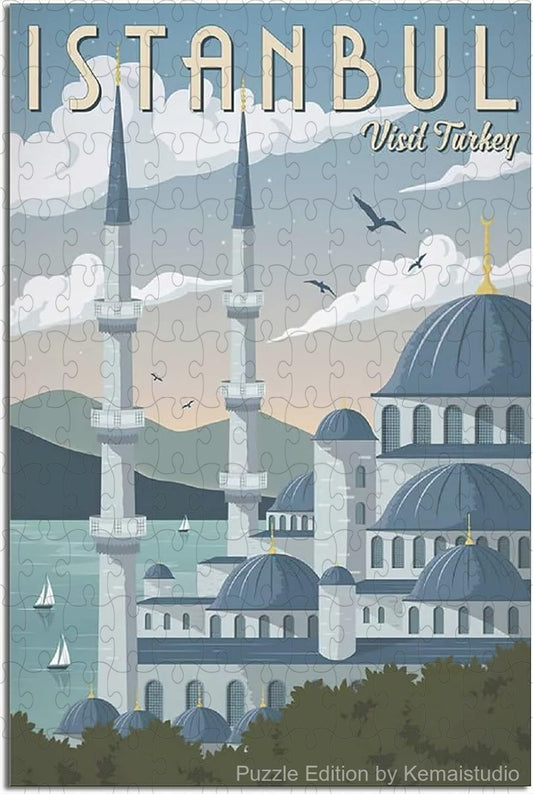 Vintage Istanbul travel poster puzzle with national park-inspired artwork