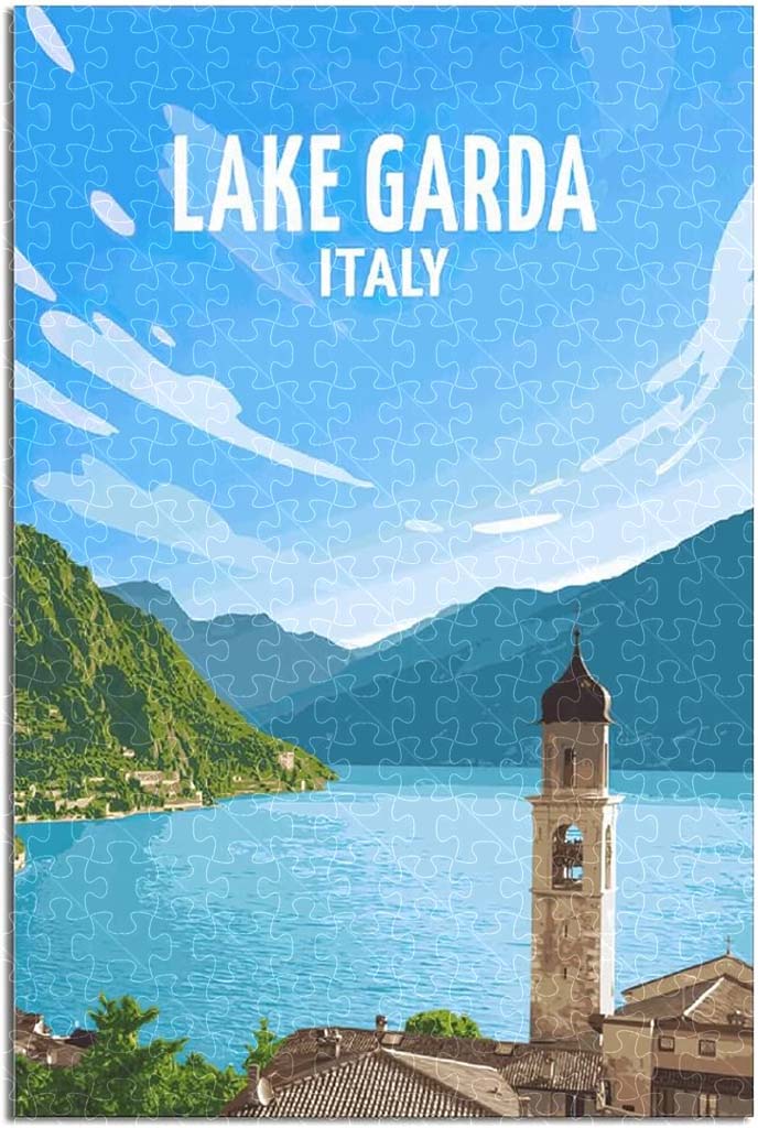 Italy’s stunning Lake Garda vintage travel poster jigsaw puzzle, 1000-piece wooden puzzle capturing the serenity of this beautiful lake.