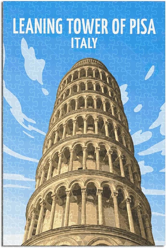 Italy Leaning Tower of Pisa vintage travel poster jigsaw puzzle for adults, 1000-piece wooden puzzle of the iconic Leaning Tower.