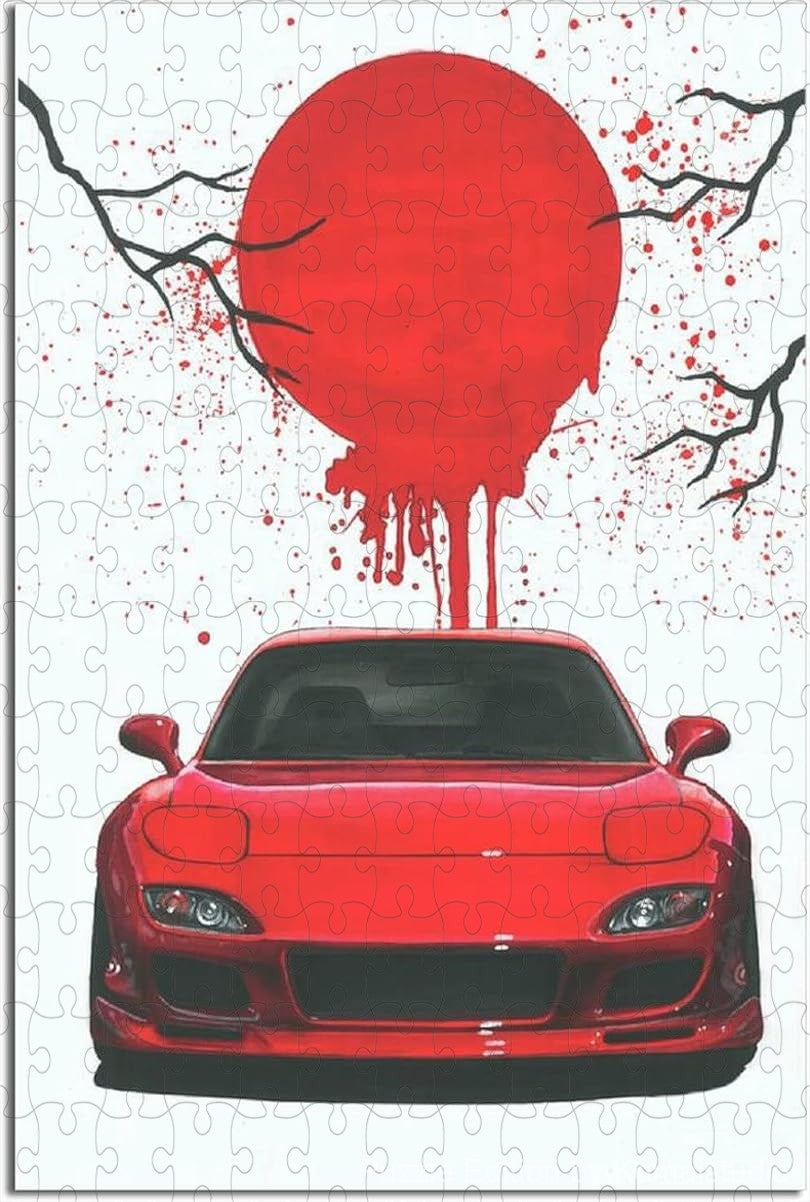 Jigsaw puzzle showing classic Japanese cars in retro poster style