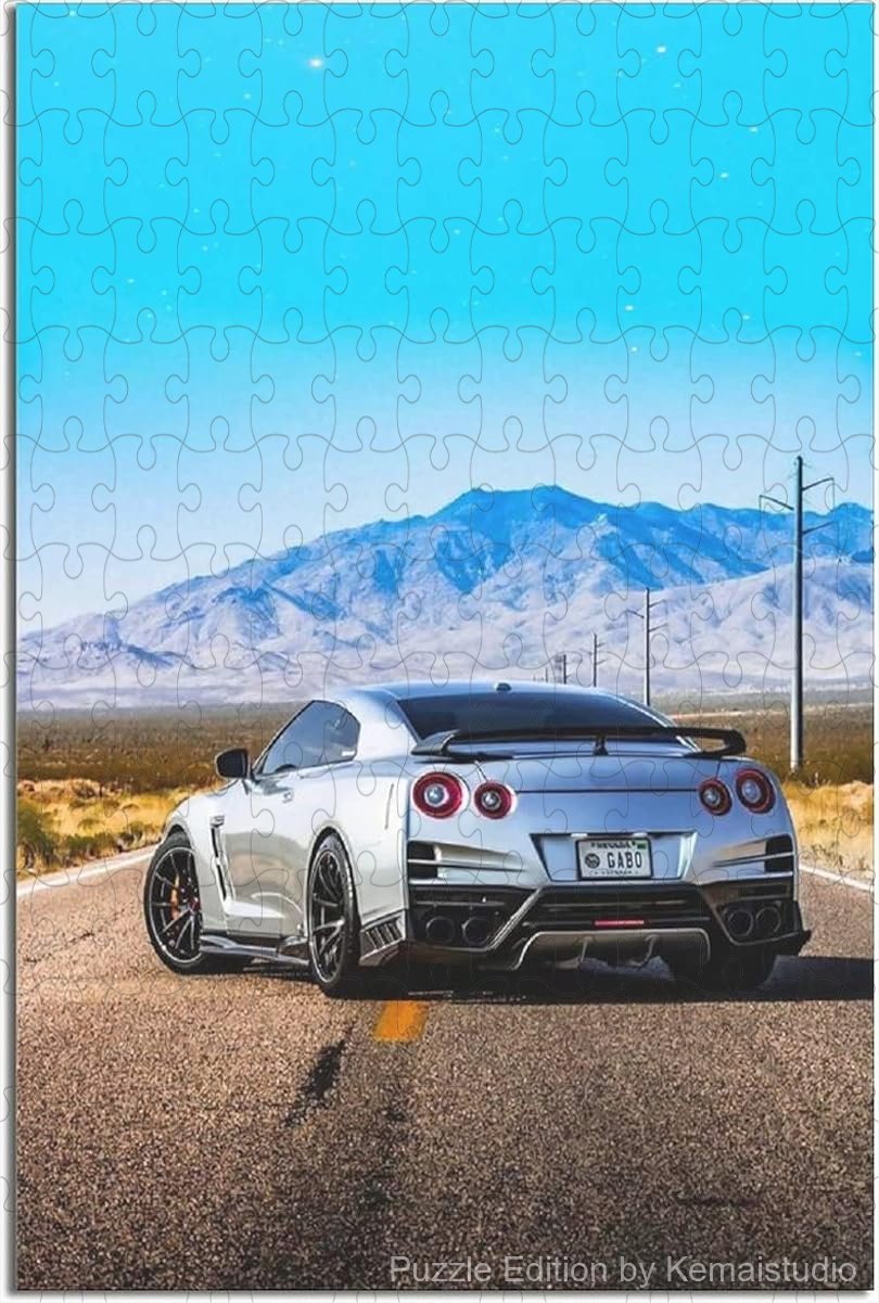 Nissan R35 detailed in a stylized Japanese poster design