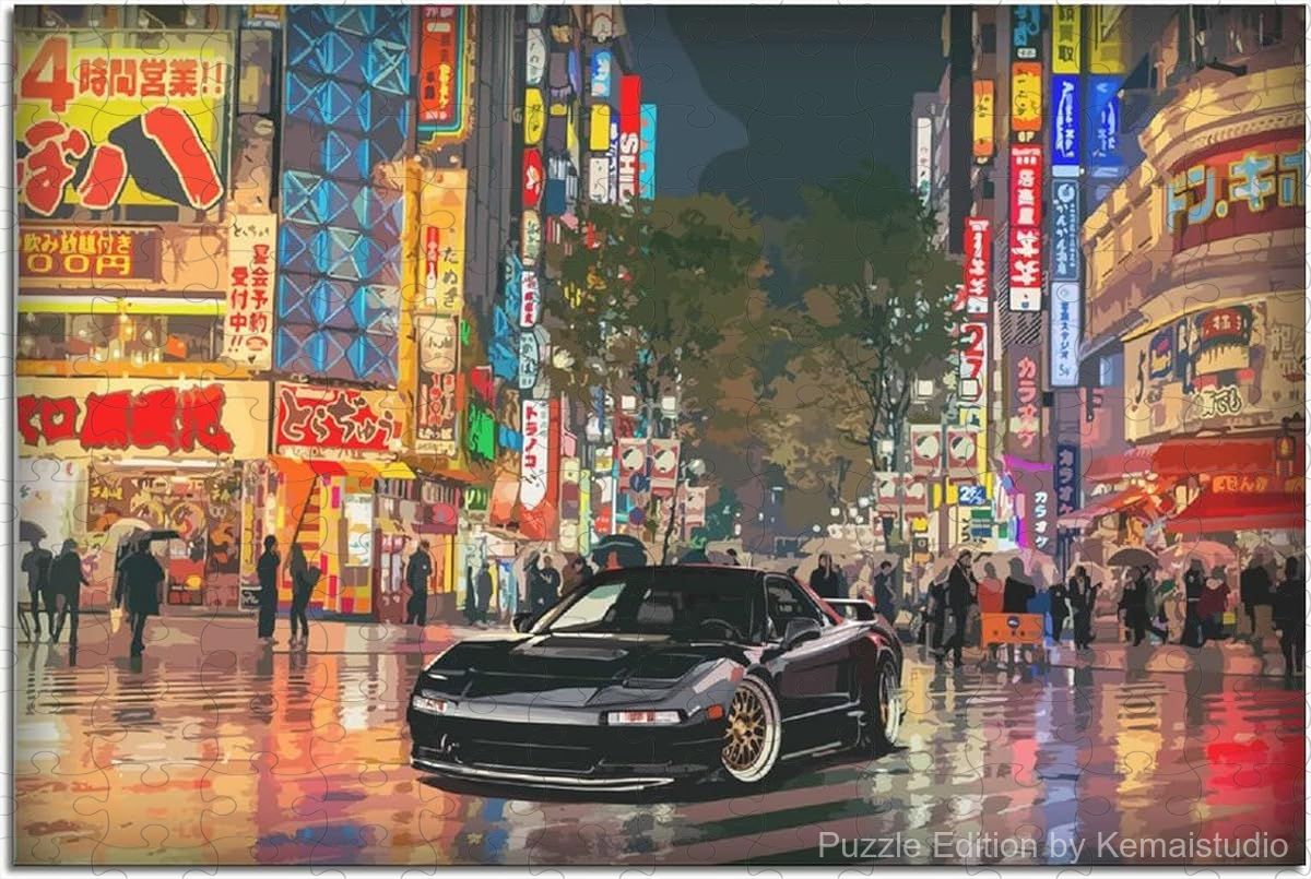 Puzzle showing Japanese tuner cars in retro street poster style