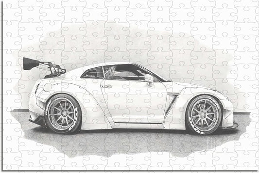 Nissan R35 sports car in bold JDM poster style