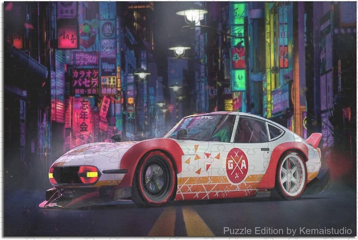 Classic Japanese car poster artwork shown in puzzle format