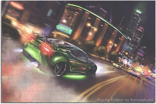 Puzzle depicting iconic JDM cars in street poster style