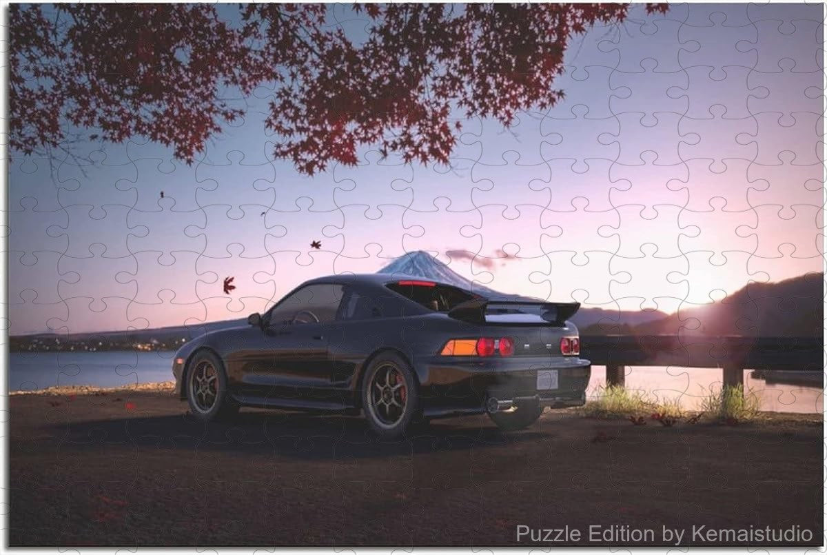 Vintage Japanese car poster art illustrated in puzzle form
