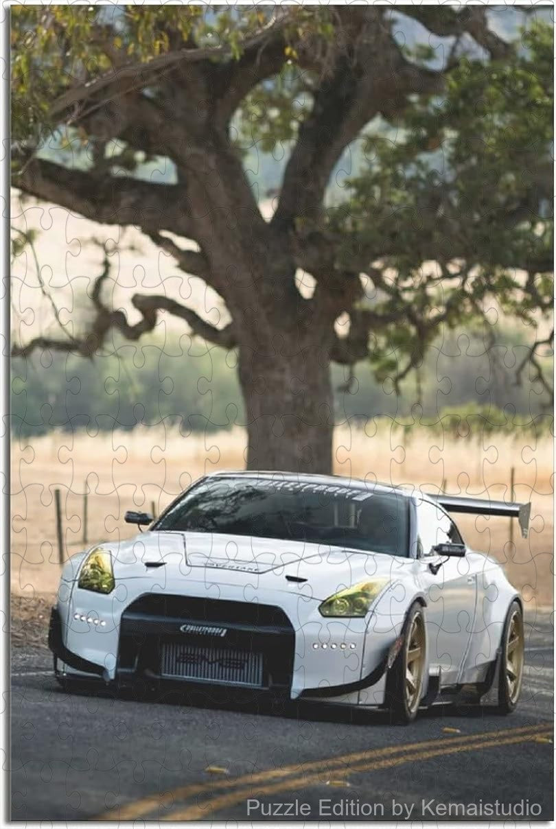 Wooden puzzle featuring a Nissan R35 GTR poster, showcasing high-definition design with vibrant colors