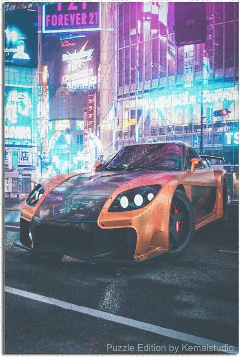 Wooden puzzle featuring a vibrant JDM car poster design, with intricate details and bold colors