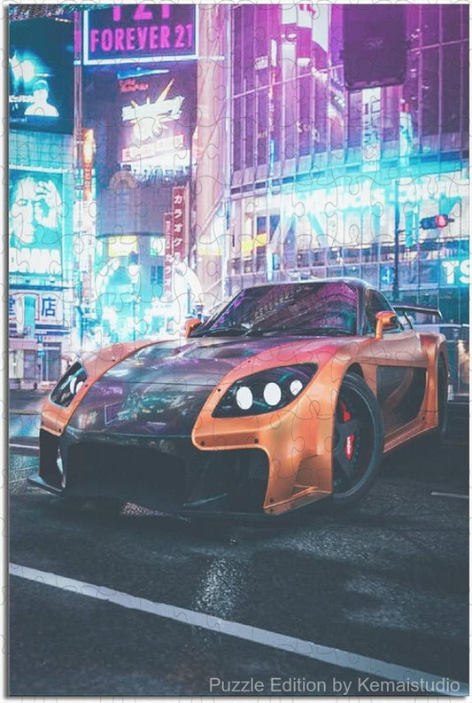 Wooden puzzle featuring a vibrant JDM car poster design, with intricate details and bold colors