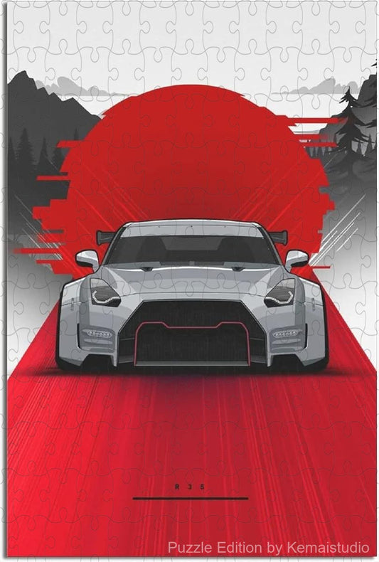 Jigsaw puzzle of Nissan R35 car in Japanese street poster art style